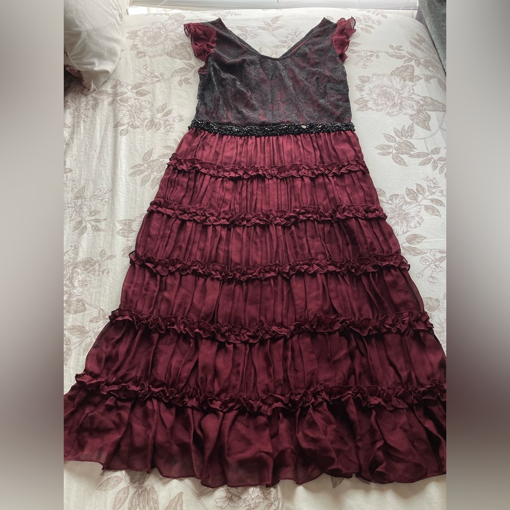 J. Peterman Black Burgundy Lace Chiffon Ruffle Midi Dress 10 Y2K Vamp Witchy